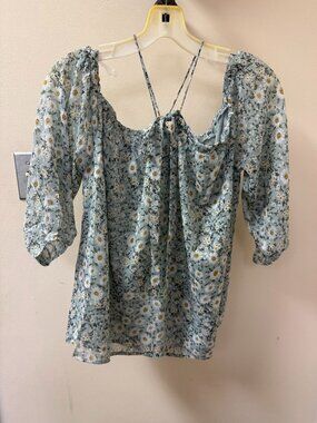Mainstrip Women's Blue Floral Peasant Blouse Daisy Print Puff Sleeve Size M NWT